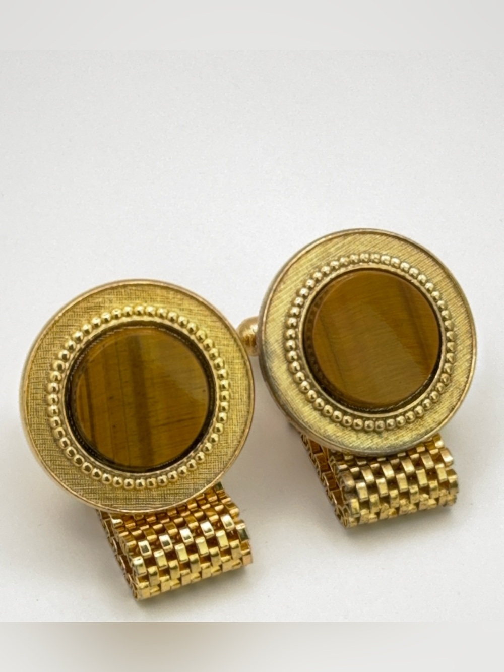 Vintage Gold Tone Men's Wrap Around Cufflinks with Brown Tiger's Eye Center